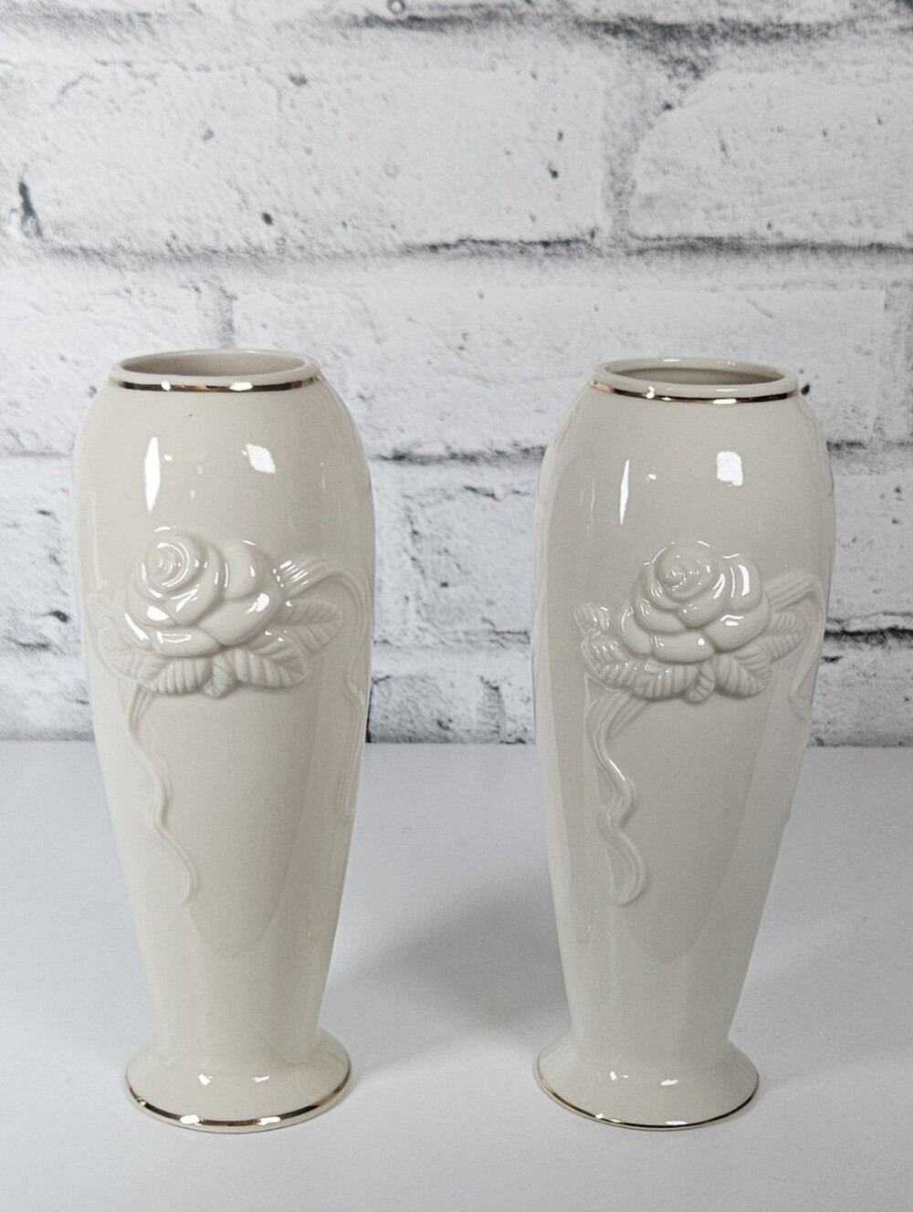 Lenox Ivory Porcelain Rose Vases Pair Gold Trim Vintage Floral Decor